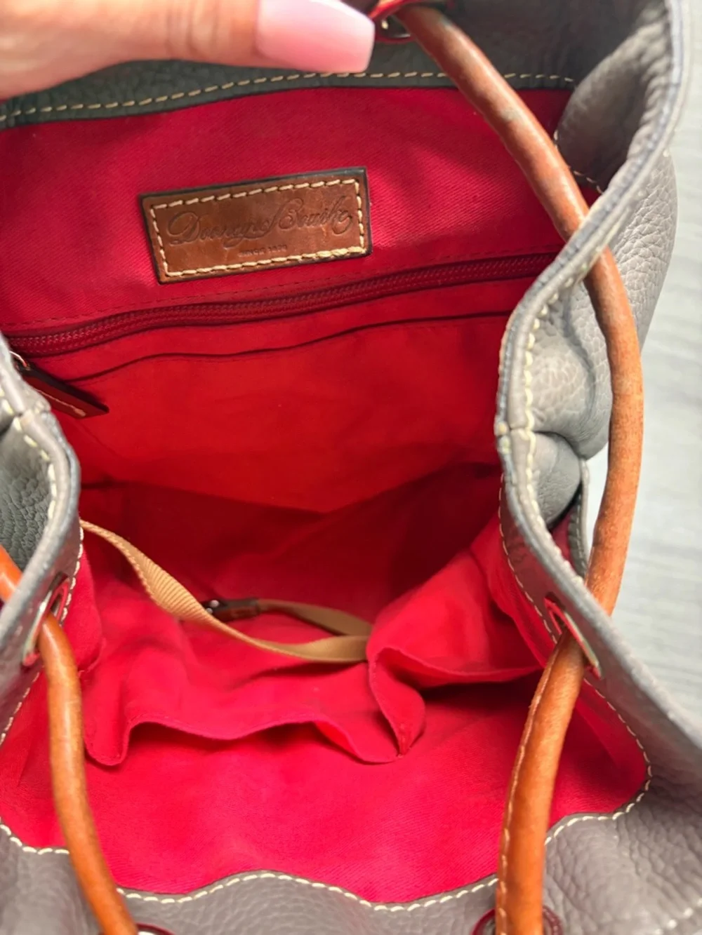 Dooney & Bourke Gray Leather Backpack with Brown Trim